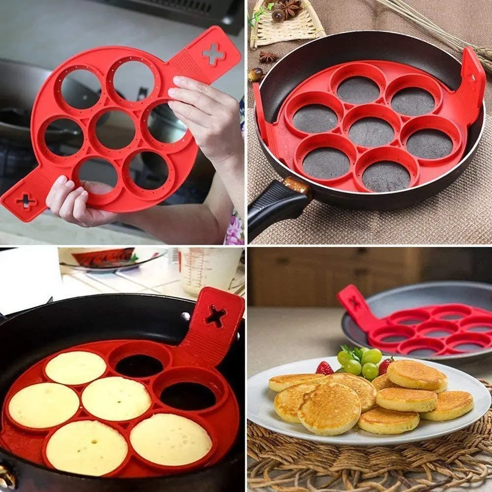 Food Grade Red Round Shape Breakfast Sandwiches Egg 7 Grids Mold Silicone Pancake Maker