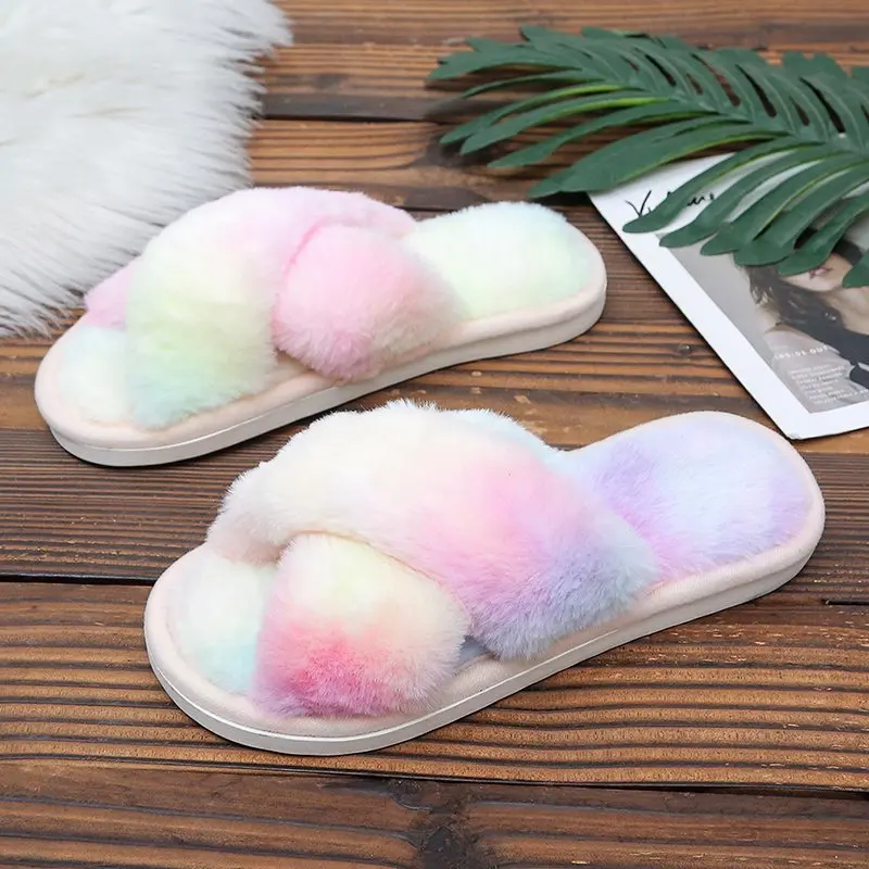 fashion colorful cross plush coral fleece custom bedroom flat furry slippers for women