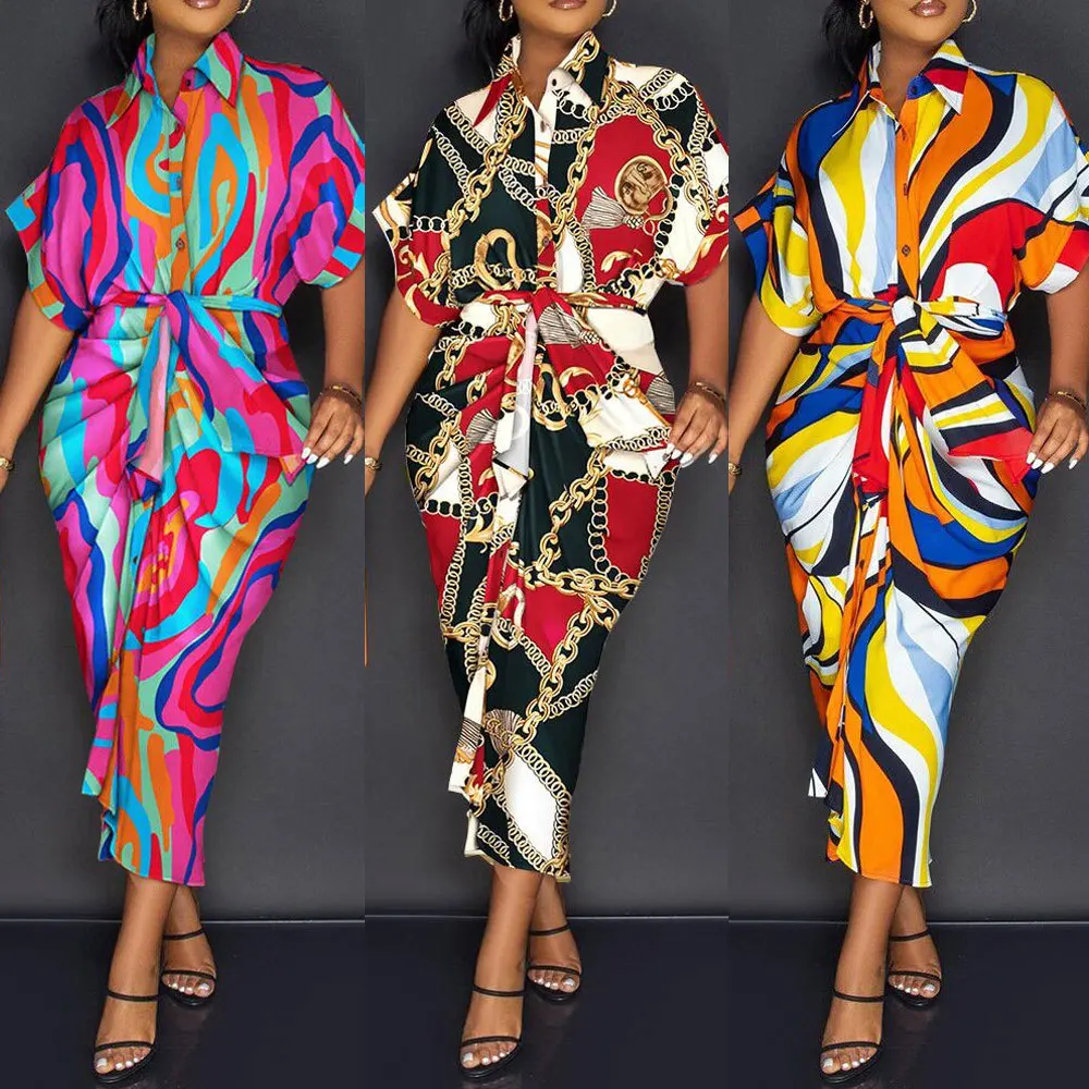 hot sale famous brand design chain print sexy shirt dress for women