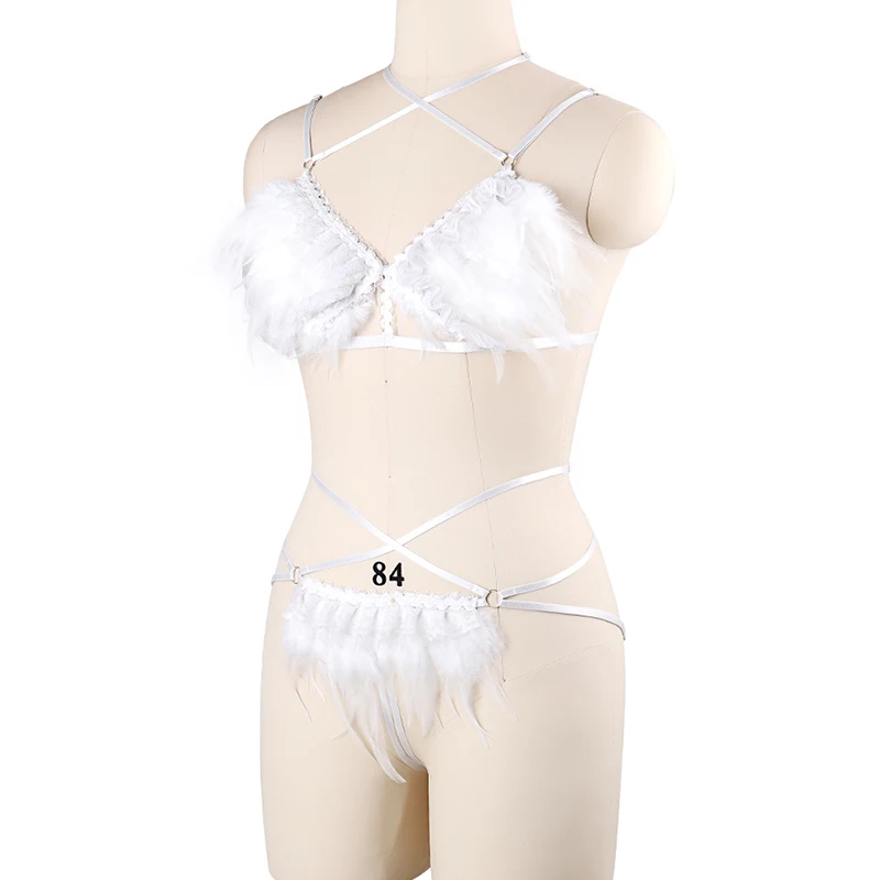 Custom Designer Fancy White Feather Bra And Thong Set Erotic Exotic Festival Dancewear Party Dance Rave Outfit