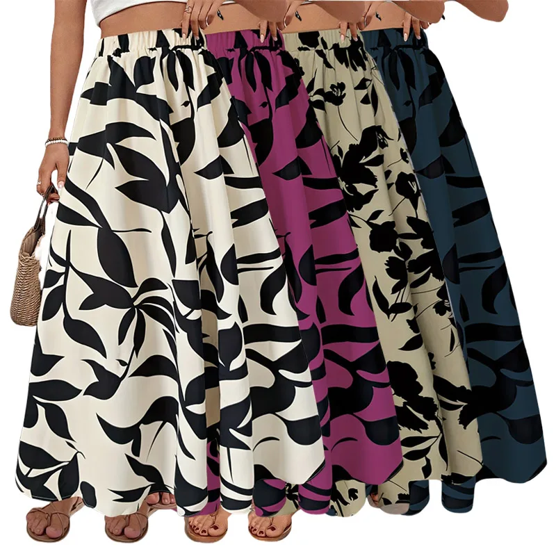 Female Summer Leaf Print A-line Maxi Skirt Women Fashion Elastic High Waist Chiffon Floral A-line Skirts