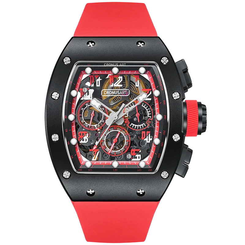 Red color Carbon Automatic Mechanical Watch for Men - Luxury Fashion Watch with Hollow Design