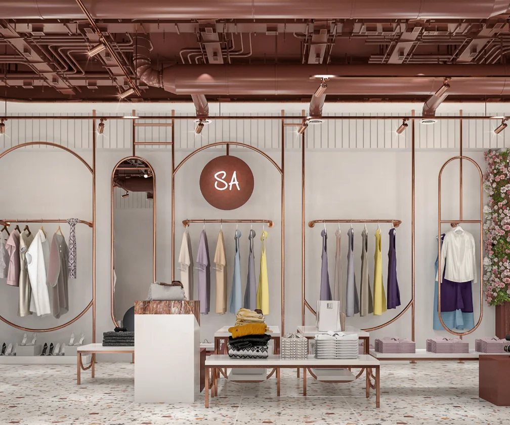 Free Design Women Clothing Shop Interior display accessories design rose gold stainless steel shelves delicate display rack