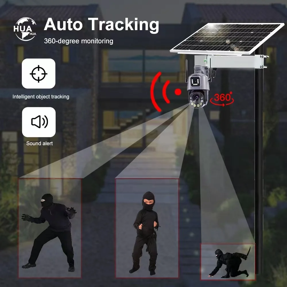 Factory 360 Degree Solar Powered Cctv Camera 36X 50X Zoom Hd Intelligent Solar Energy Alert Ptz Camera Dual Lens 4g Solar Camera