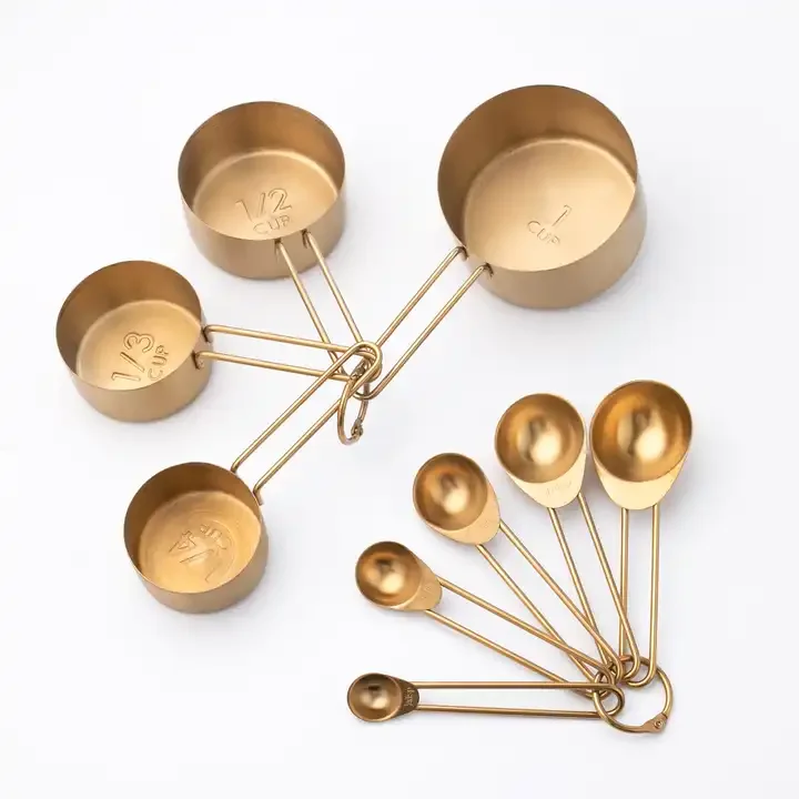 Stainless Steel Gold Copper Measuring Cups and Spoons Set with Wooden Handle Measuring Spoon