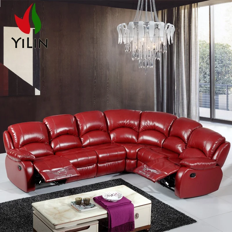 R779 Red Leather Home  Luxury Furniture Living Room Sectional Corner Manual recliner sofa set