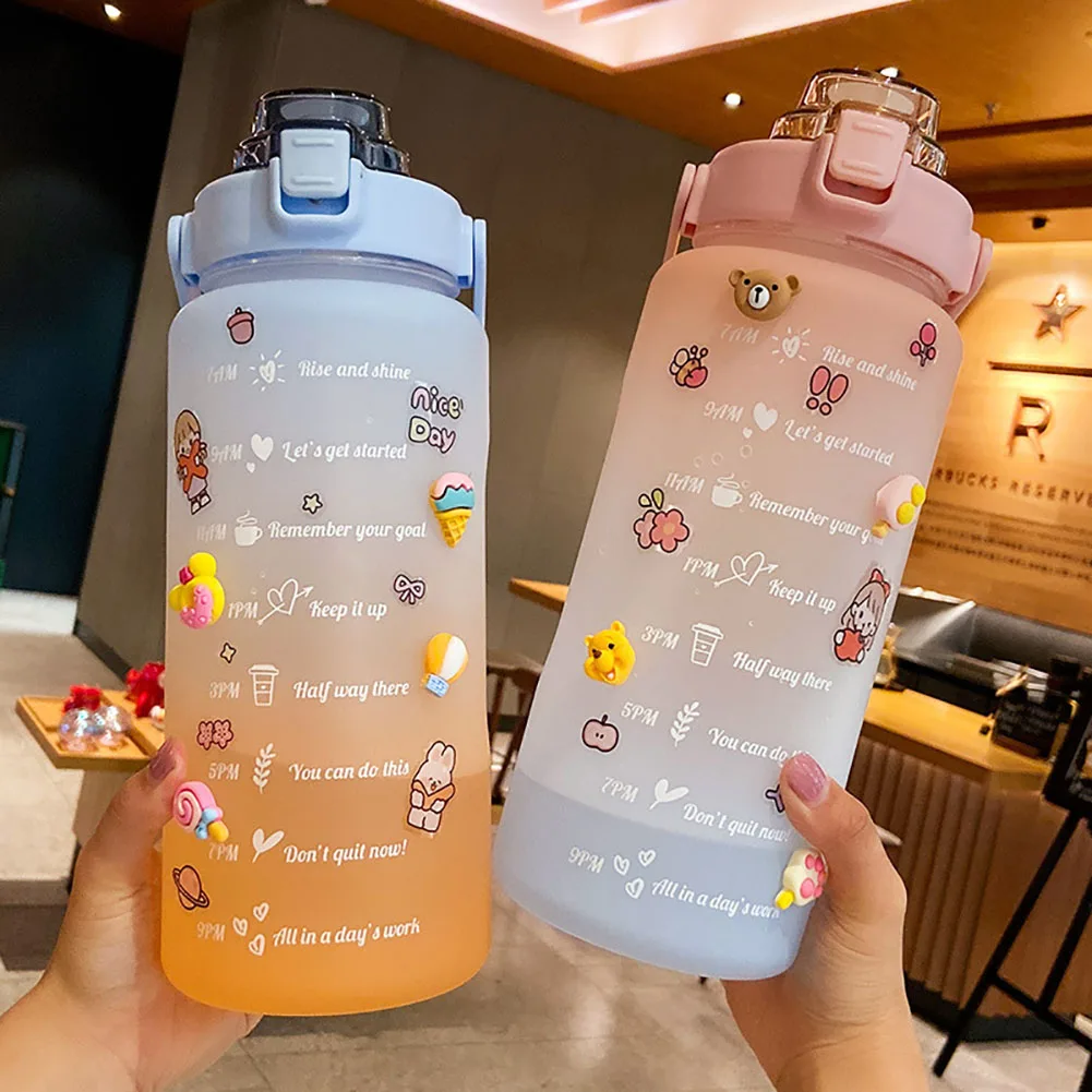 2 Liter Large-Capacity Water Bottle With Straw Girls Time Marker Frosted Couple Cup Outdoor Sports Drinking Bottle