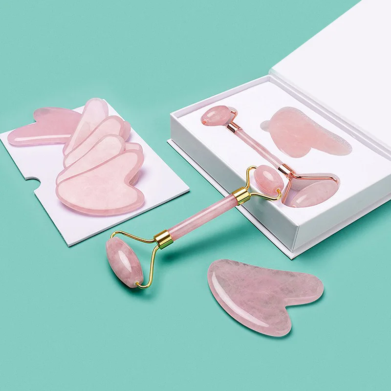 Pink Rose quartz stone crystal jade Facial beauty face massage roller gua sha set jade roller for face