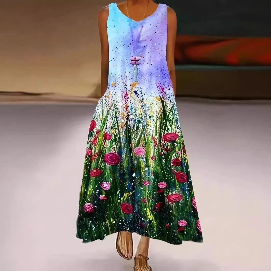 W4053 Wholesale Best Selling Plus Size Loose Sleeveless Long Robe Casual Maxi Dress Fat Women Summer Dresses