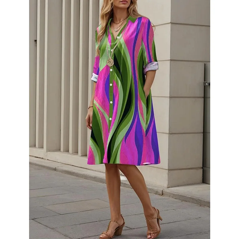 Hansilu New Multi-color Check Diamond Lattice Mosaic 3D Digital Print Loose Elegant Shirt Dress for Women