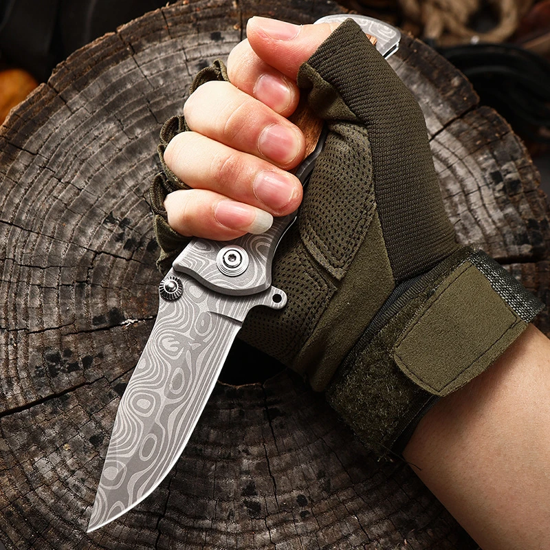 Olive Wood Handle Knife Pocket Damascus Laser Engraved Knife Pocket  Custom Outdoor Hunting Camping Survival Folding Knife