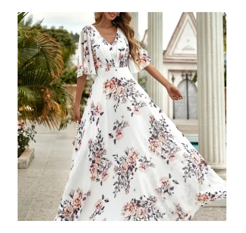 OEM New Custom Fashion Beach Dress vestidos Chiffon Summer Floral Print Flounce Women Lady Elegant Casual Long Linen Dresses