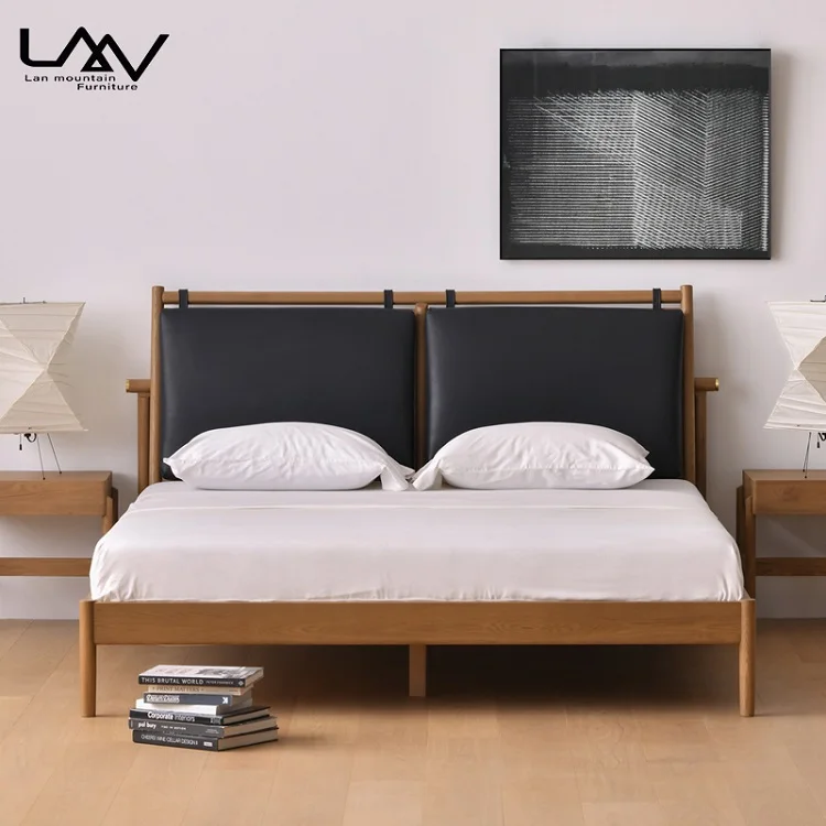 Nordic style Modern Simple solid wood 1.8 m double bed bedroom upholstered backrest leather bed furniture