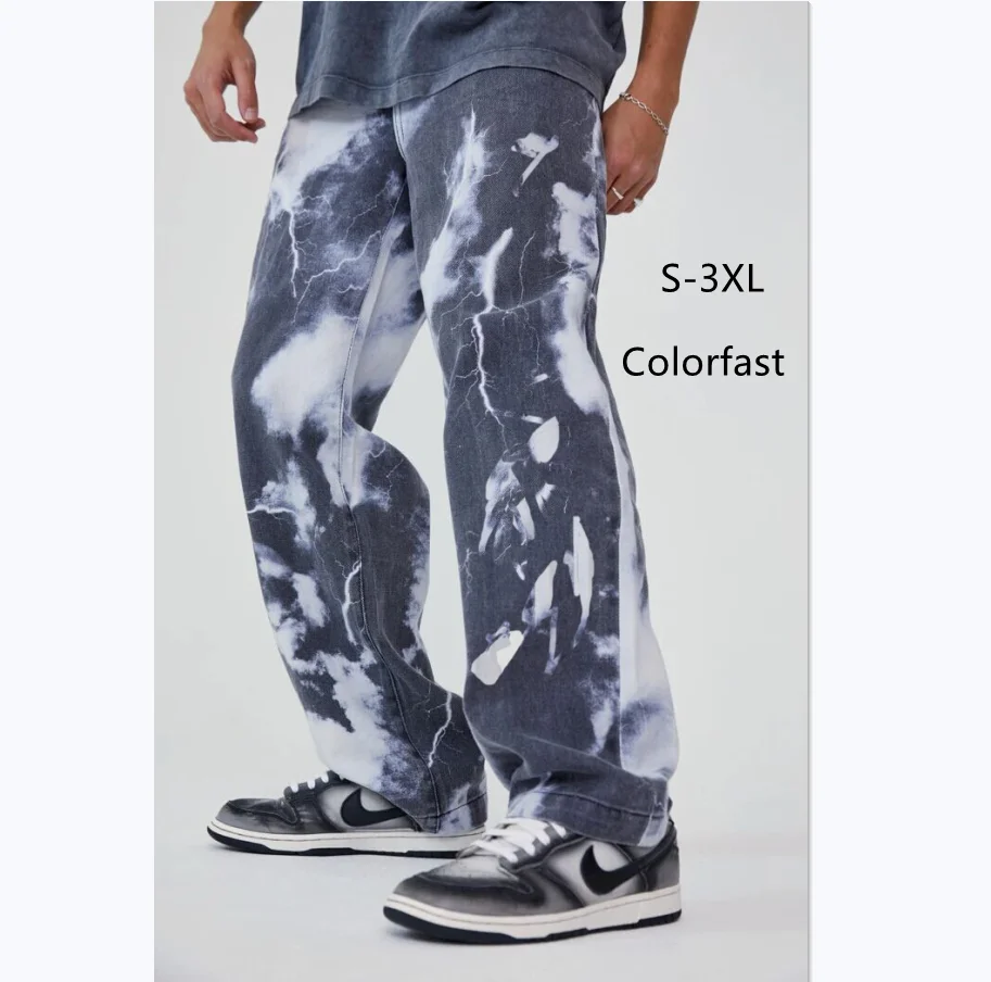 2021 Spring Casual High Waisted Straight Leg Baggy Textile Tie-Dyed Printed Men Hip Hop Jeans