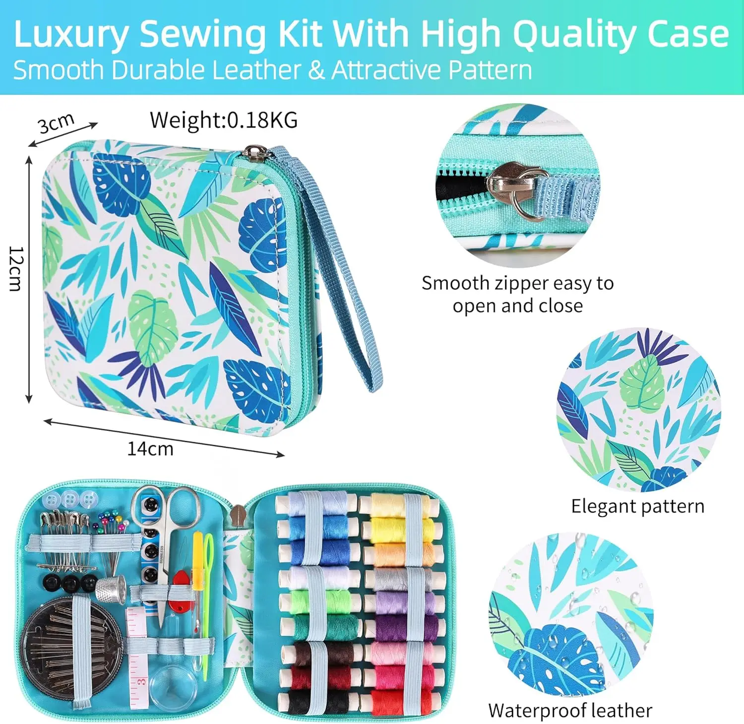 86pcs Blue Leaves pattern Sewing KIT for Beginner & Kids , Wholesale high-quality sets With Scissors Tape measure