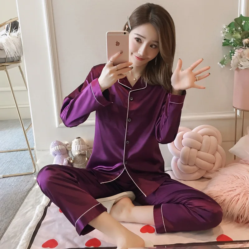 Solid color casual pajamas Long sleeve satin silk two-piece lapel plus-size pajamas comfortable home underwear