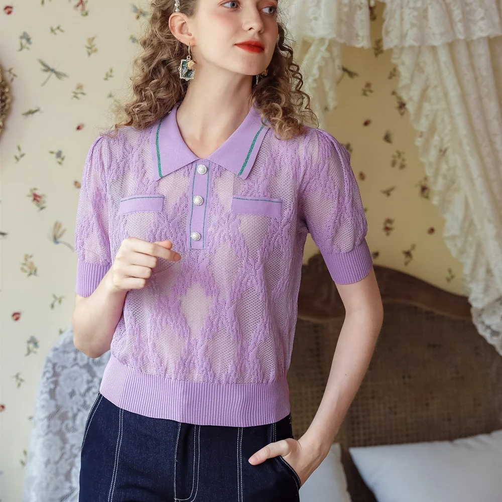 Womens Short Sleeve Knitted Blouse Mesh Baggy Casual Purple Contrast Turndown Colla Pullover Tops