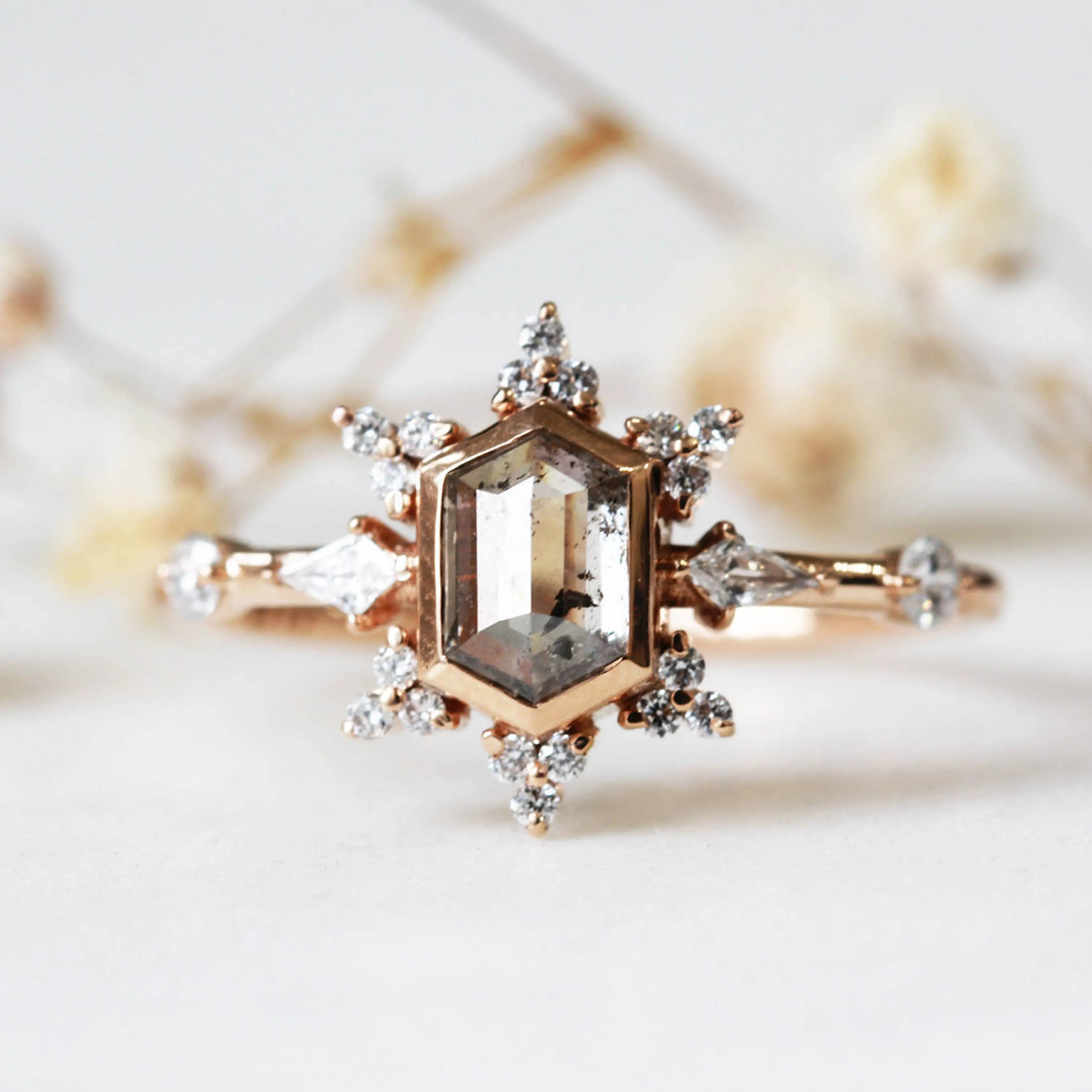 Exquisite Dainty Hexagon Cut Salt and Pepper Diamond Promise Women 925 Silver Jewelry Ring