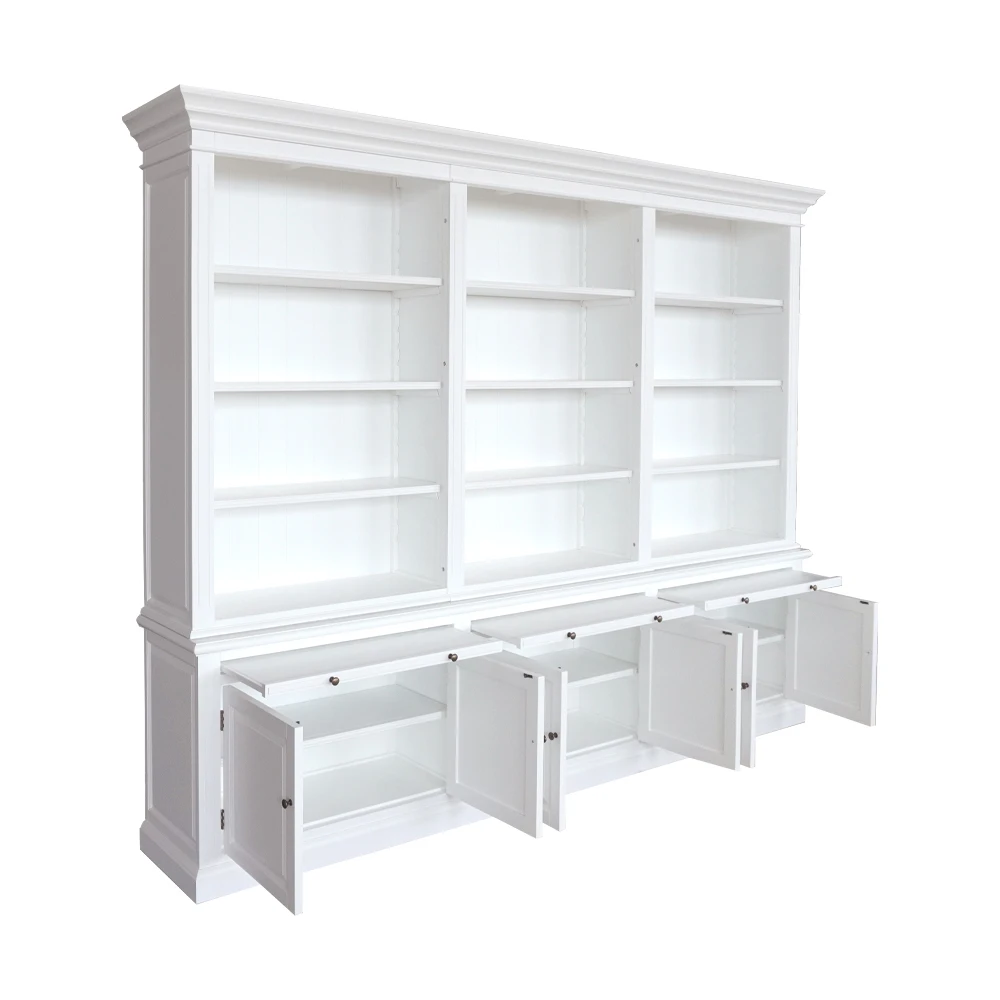 French Provincial Hampton Style Antique Solid Wood Bookshelf White Library Bookcase Wooden P1808W-1