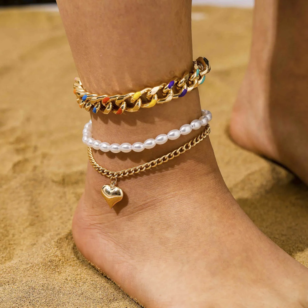 Wholesale Light Luxury Multi Layered Gold Plated Anklet Pearl Heart Summer Anklets For Women Girls