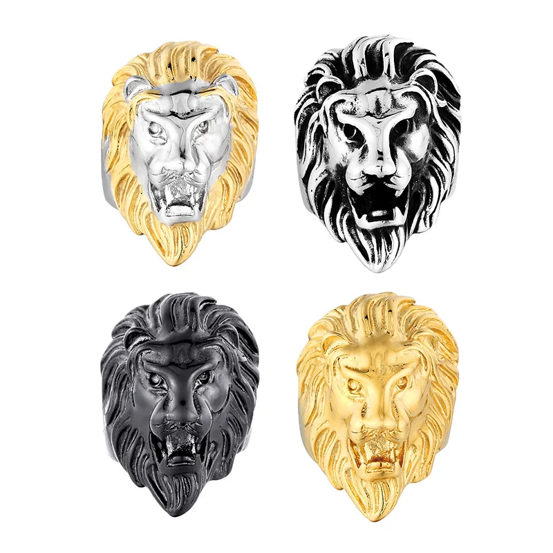 NUORO Hip Hop Punk Rock Gold Silver Black Stainless Steel Ring Jewelry for Men Dominant Personality Cool Lion King Chunky Ring