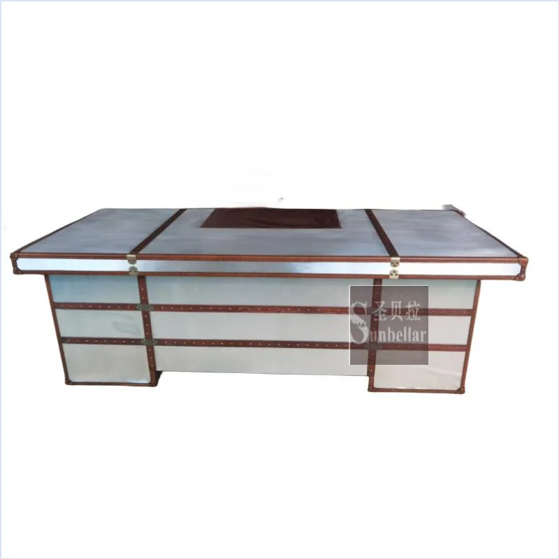 aviation furniture home office desk metal Aluminium vintage genuine leather executive desk with 6 drawers luxury aviator desk