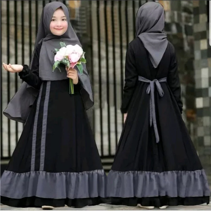 High Quality Children Abaya 2023 Fashion Girl Dress Headscarf Solid Comfortable Two-piece Pleated Muslim Clothing Kids Abaya