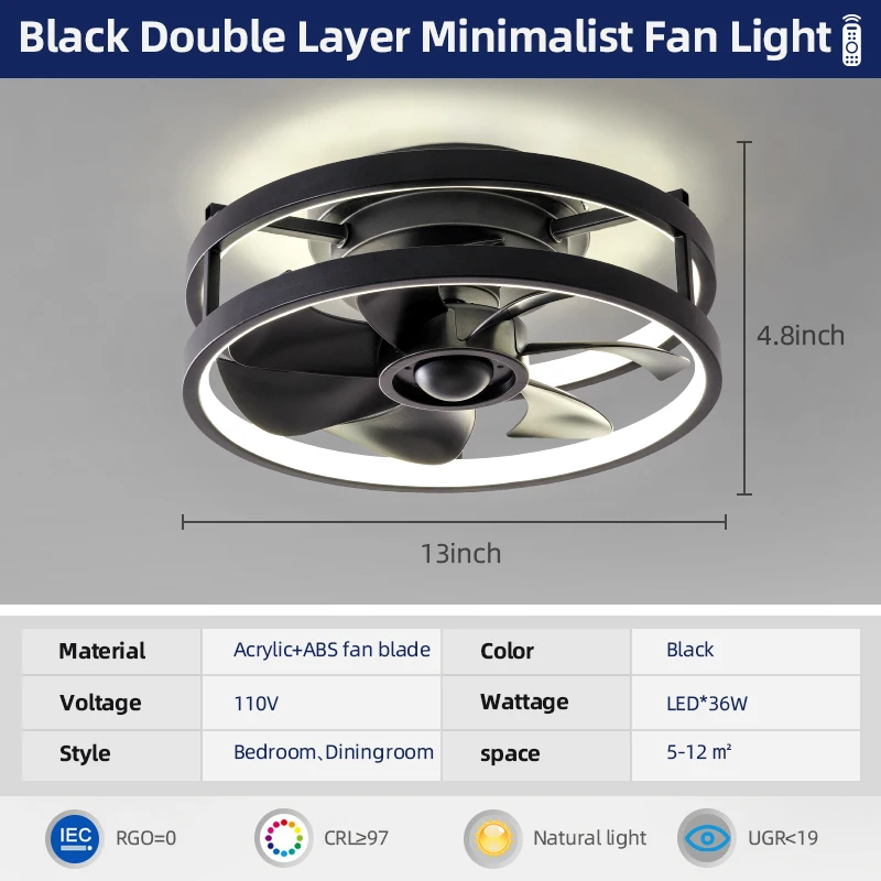 Modern Nordic 6 Speed Ceiling Fan with Light Remote Control 5 Blades Bedroom Living Room Black Quiet Led Ceiling Fan