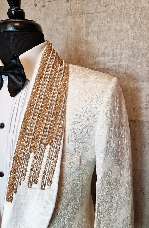 Floral Jacquard Tuxedo Suits For Men Wedding Slim Fit Hand Embroidered White Ivory Damask Jacquard Jacket