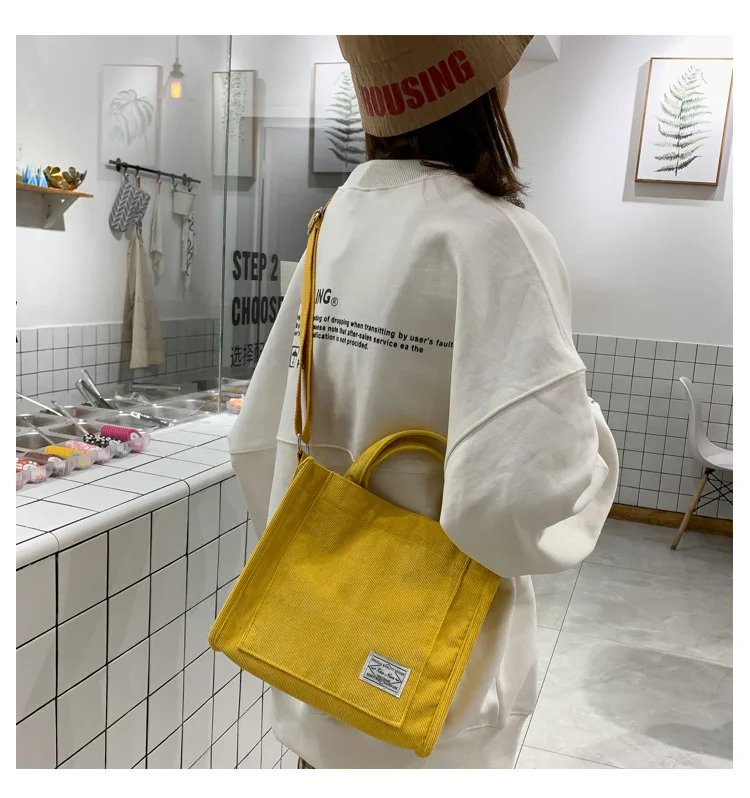 Custom Logo Women Corduroy Zipper Shoulder Bag Cotton Canvas Handbag Casual Tote Female Eco Crossbody Bag Vintage Messenger Bags