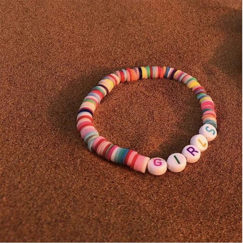 Wholesale Price! Boho Custom  Polymer Clay Beads Motivational Bracelets Brush Gold Spacers Blessed Name Words Stretch Bracelet