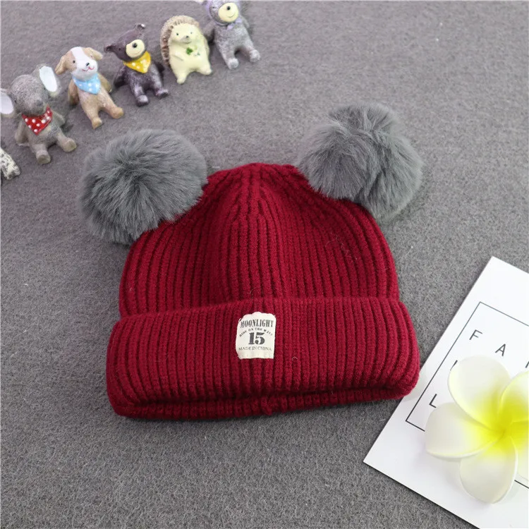 autumn winter kids pompom beanie hat baby winter cap with double ball marks 15 warm knit hat