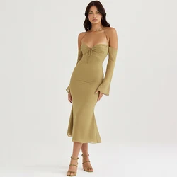 Lagerfe 8528 Chiffon Elegant Midi Dress Off Shoulder Long Sleeveless Hater Women 2022 Summer Casual Clothing Lady Office Apparel