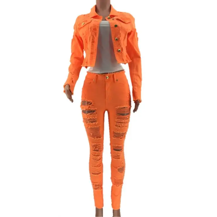 Two Piece Long Sleeve  Neon Orange Ripped Jacket and Pants suits for women