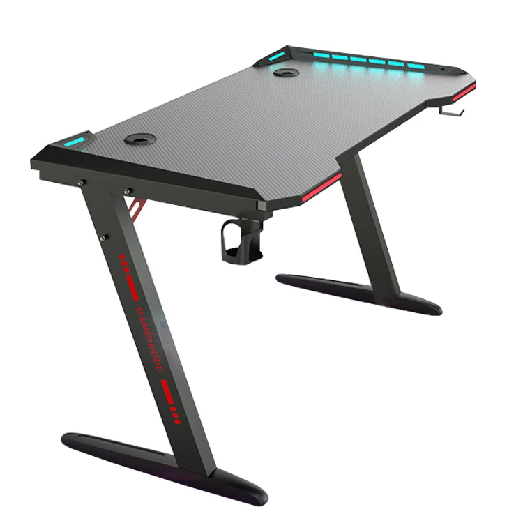 
FIXED HEIGHT GAMING DESK OEM Racing gaming PC computer desk gaming table for e-sports with LED Z Shaped Glass Writing Table 