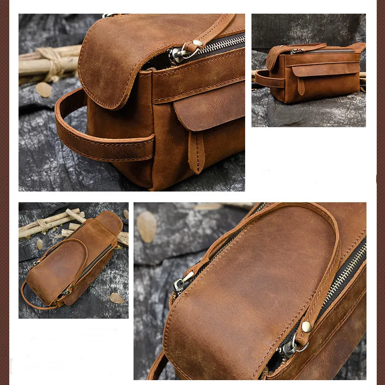 New Arrival Double Zip Crazy Horse Leather Bathroom Dopp Bag Travel Make Up Toiletry Bag Genuine Leather Cosmetic Bag For Man