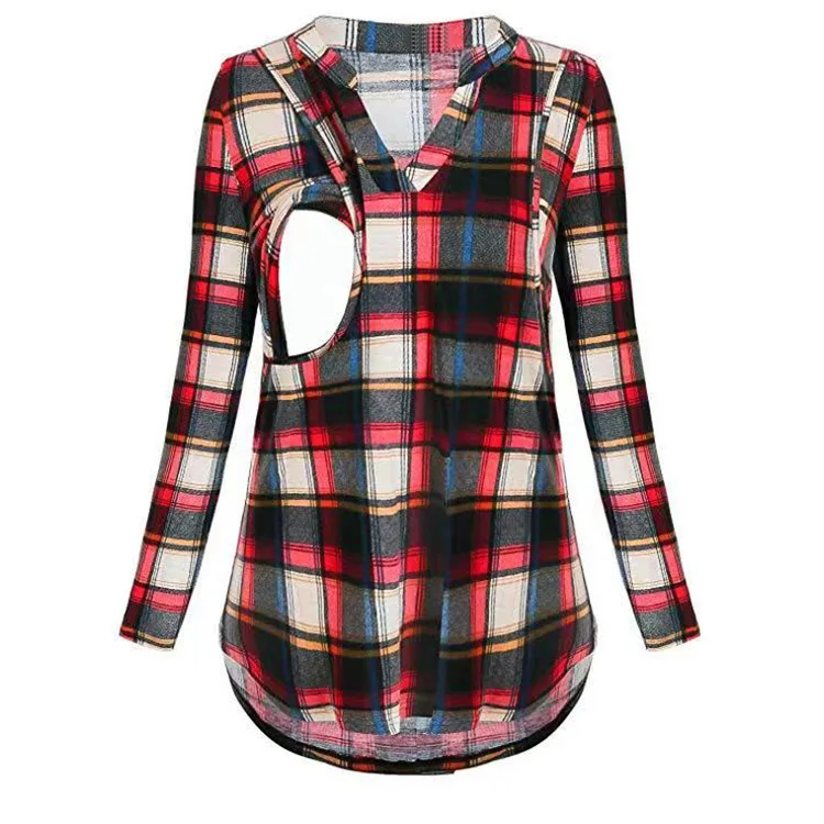 Дешевая клетчатая блузка для кормления грудью с длинными рукавами, женская футболка
