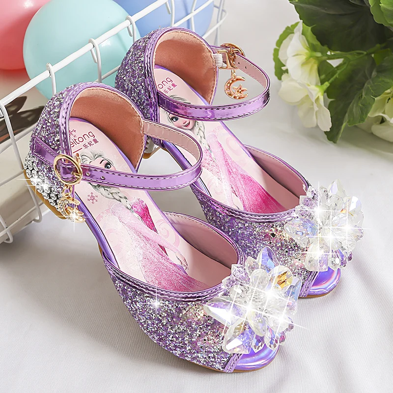 European Style Pink Girls Princess Shoes Bow Children Crystal Shoes Little Girls Shiny Party Dress High Heels