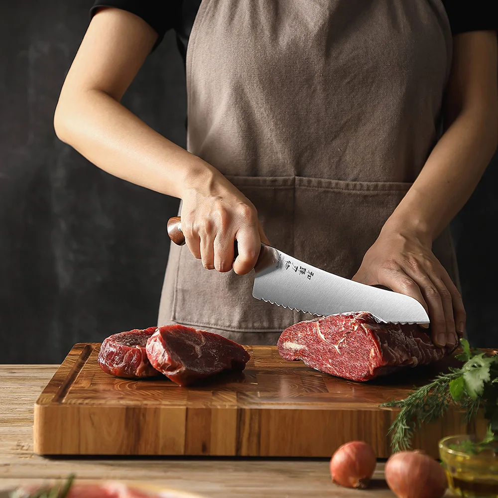 New Design Frozen Food Knife German Stainless Steel Meat Slicing Kitchen Knives Red Wood Handle Custom