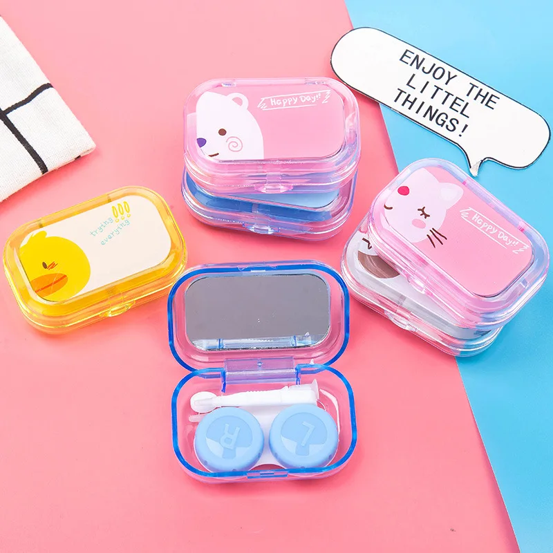 Cartoon Cute Square Women Girls Kit Travel Eye Contact Lenses Case Box  with Mirror