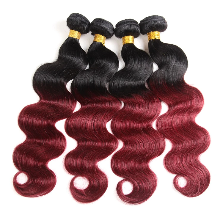 Best Selling virgin peruvian hair 4 bundle deals 9a virgin hair 1b/99j two tone ombre colored hair weave bundles