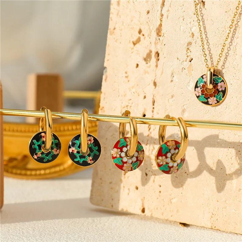 Fashion Ethnic Style Painting 2PC/ Set Stainless Steel 18k Gold Plated Enamel Jewelry Set Drop Oil Necklace Earrings For Women