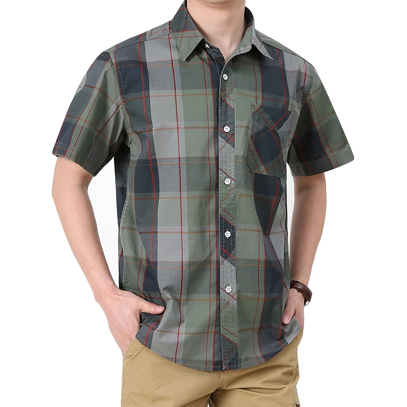 Military Green 100% Cotton Short Sleeve Casual Checked Plus Size Mens Shirts