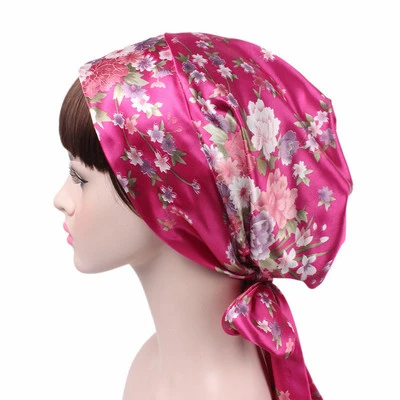 Floral flower fashion stylish pattern adjustable strap tie up head band long band femme girls ladies drawstring bonnet en satin
