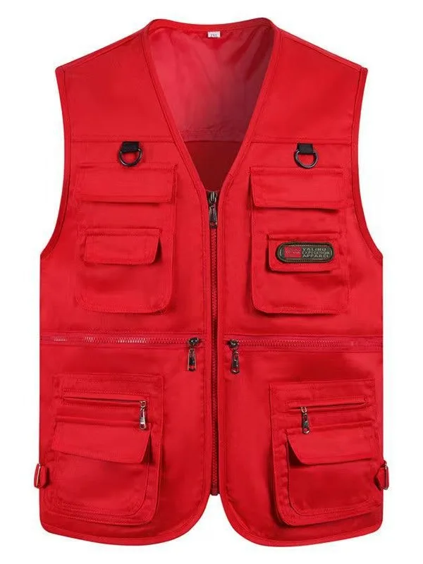 Multi Pockets Cargoes Fisherman Vest Cartoon Logo Waistcoat for Fishing Hiking Journalist Photography Camping Safari Vest Men