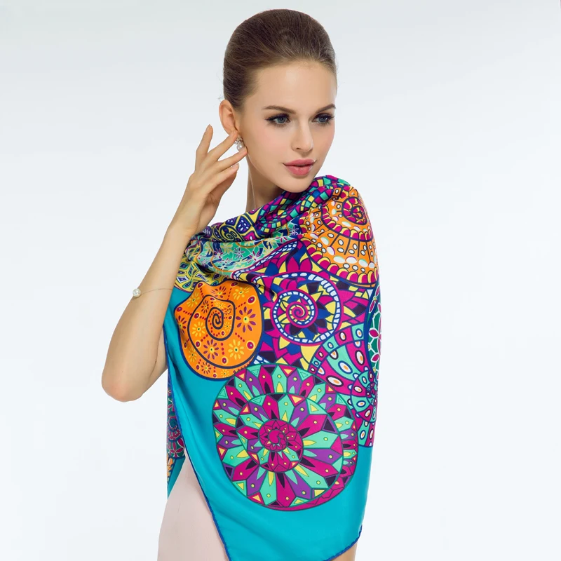 100% Twill Silk Square Scarf Fashion Luxury Brand Printed Head Scarves 130*130CM Soft Shawl Wrap Hijab Scarf for Ladies