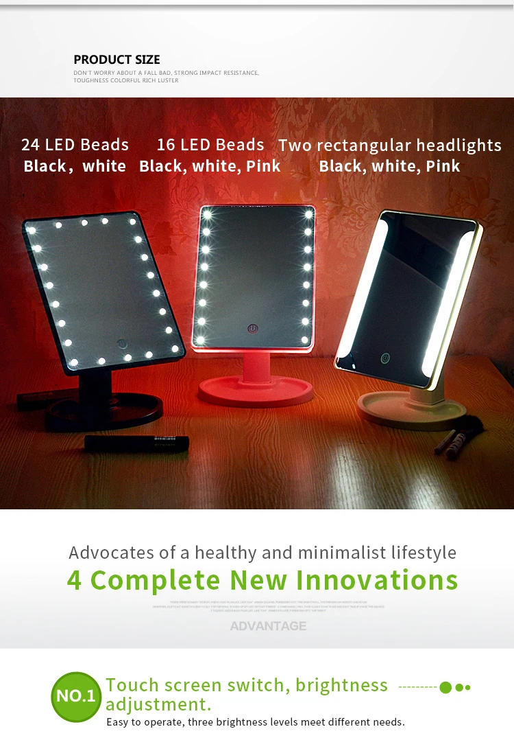 Wholesale Diy Logo Square Shape Ladies Mirror Fashion Women Batteries 16 Led Touch Screen Table Makeup Mirror