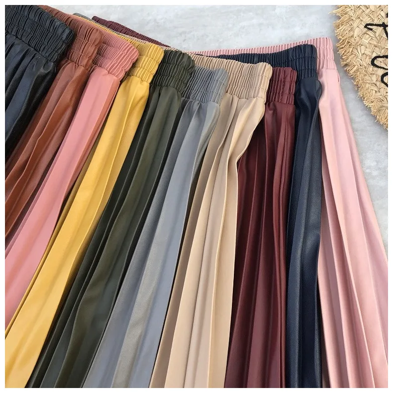 New Autumn Winter PU Leather Pleated Skirts Elastic High Waist Multi Colors Fashionable All-match Midi Skirt Female One Size