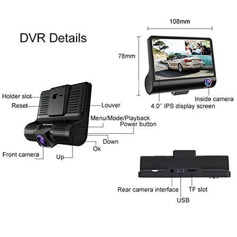Loop Recording 1080P HD 3 Lens 4.0 INCH IPS Car DVR Camera Wifi Front and Rear Dash Camera with Touch Screen