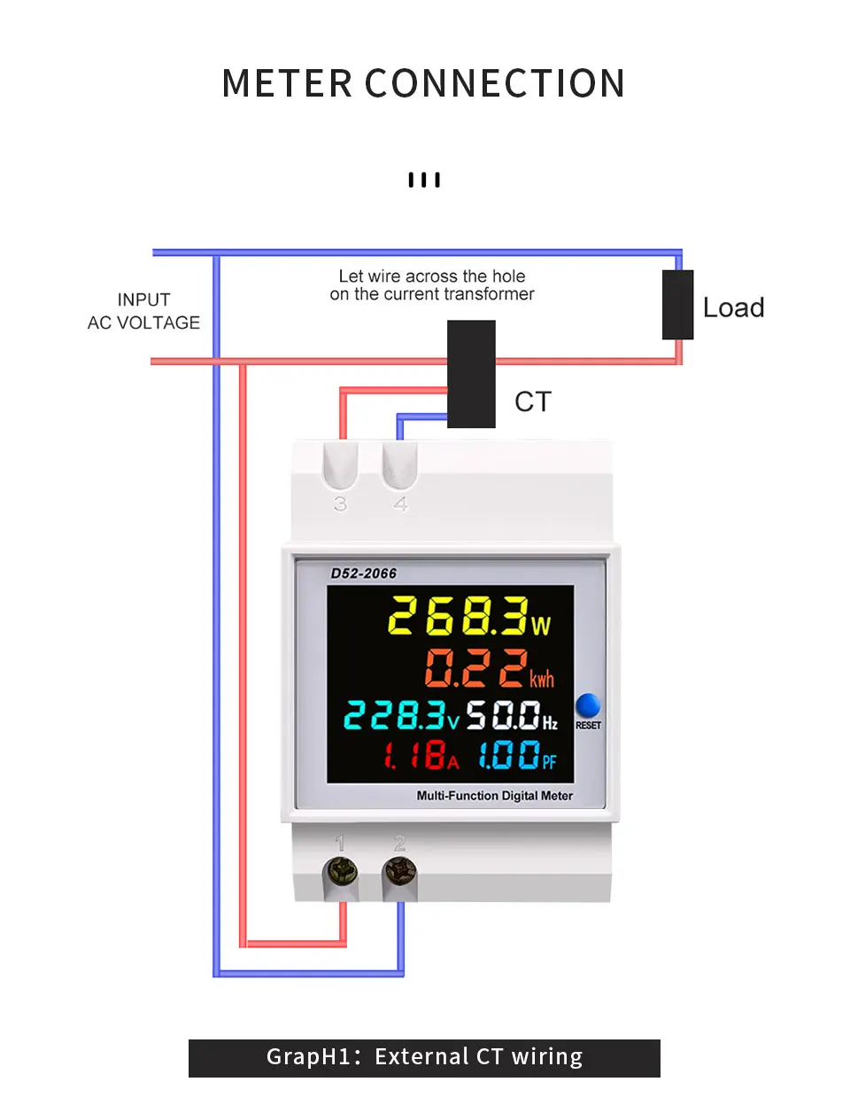 D52-2066 6IN1 переменного тока монитор 110V 220V 380V 100A Напряжение Ток коэффициент мощности кВт электрической энергии цифровой частотомер Вольт Ампер